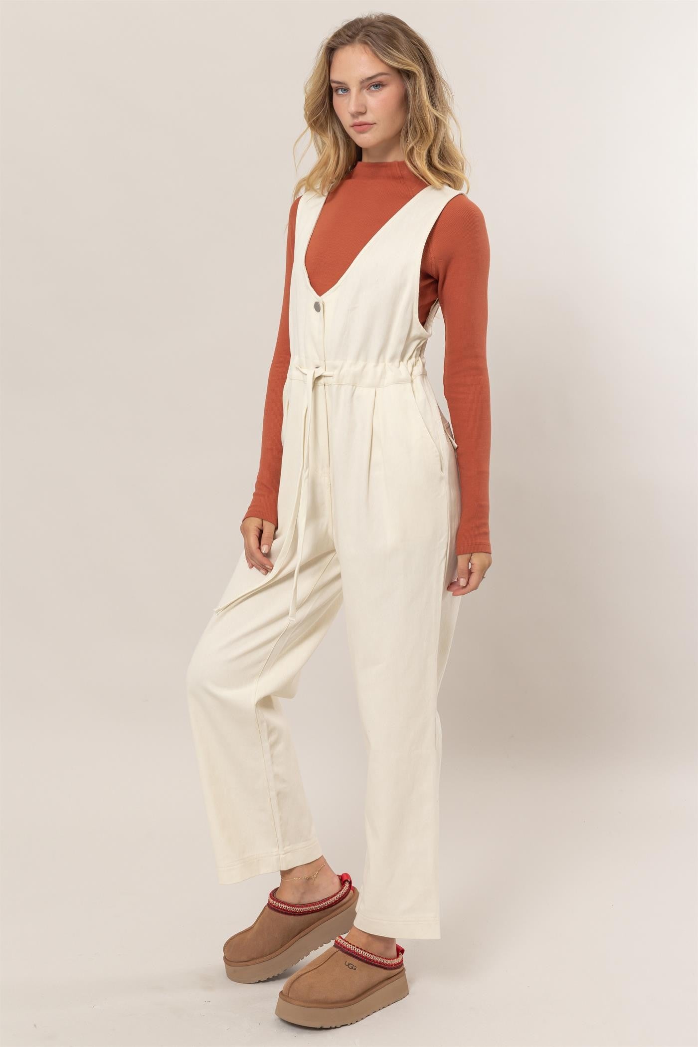 Twill Sleeveless Jumpsuit- Cream