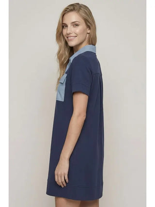 Lovely Denim Mix Dress- Navy