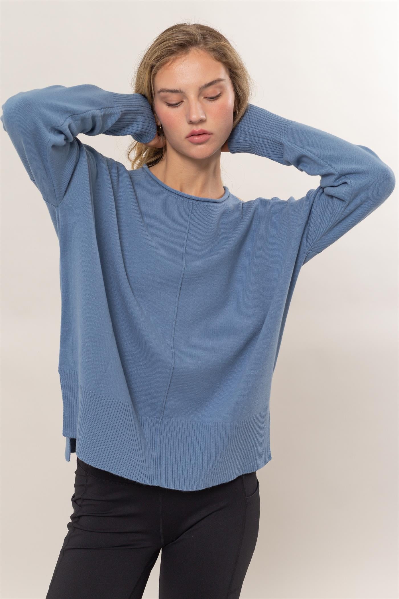 Drop Shoulder Sweater In Gray Blue