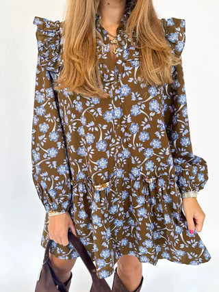 Flirty Floral Mini Dress- Brown
