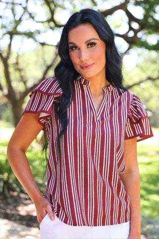 The Layla Flutter Sleeve Blouse - Maroon