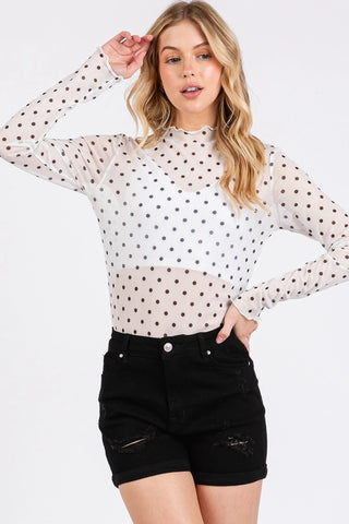 Polka Dot Mesh Top-White