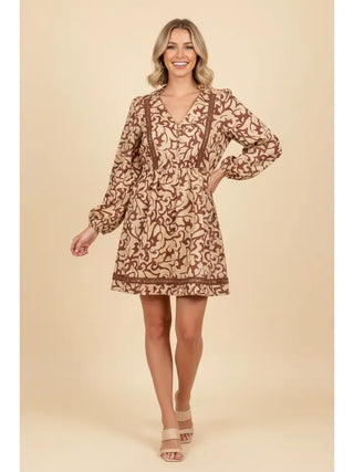 Prairie Belle Mini Dress - Peach/Brown