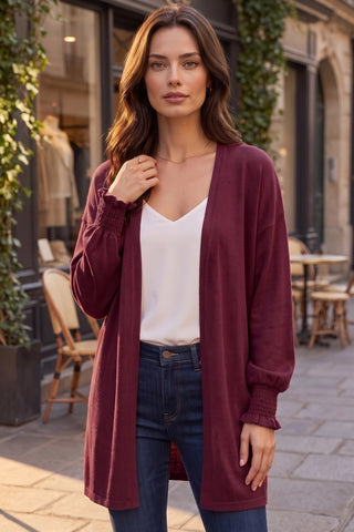 Smocked Sleeve Cardigan - Wine