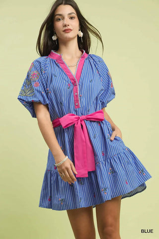 Stitched in Spring Mini Dress - Blue