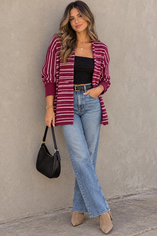 Striped Knit Cardigan - Burgundy