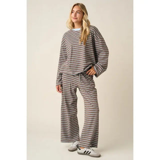 Striped Long Sleeve Set- Brown