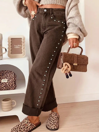 Dolly Studded Straight Jean- Brown