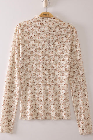 Sheer Mesh Lace Top- Taupe